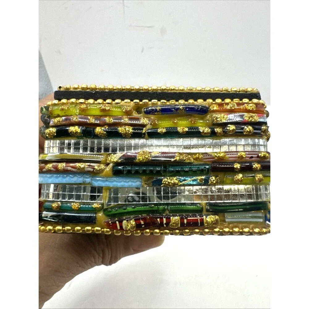 Pier 1 Imports Glass Beads Mirror’s Trinket Box Boho  Multicolored 3x2